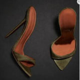 Niulatu Heel Mules Green Suede Pointed Toe Stiletto Heel Dress Shoes Slip-on Open Toe Thin Heels Slippers Plus Size 42 DJSE