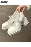 Niulatu Heels Elegant Bow Square Toe Black Fashion Women&#39;s Pumps Thick Heel Wedding Party Pearl Lace Wedding Shoes for Women DJSE