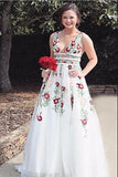 Niulatu V neck A Line Prom Dress with Embroidery, Open Back Evening Dress HZ0113
