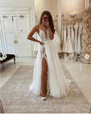 Niulatu V-neck A Line White Front Slit Wedding Dress with Appliques HZ0113