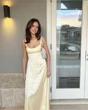 Niulatu A Line Spaghetti Straps Yellow Satin Prom Dress Evening Dress Formal Dress SD2192
