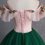 Niulatu Green Tulle Off Shoulder Long Customize Prom Dress, Evening Dress With Sleeve HZ0113