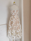 Niulatu A line Spaghetti Straps White Satin Floral Dinner Party Dresses Birthday Outfits SD385