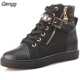 Niulatu High Top Black White Boots Shoes Women Casual Platform Vulcanized Flats Shoes PU Leather Sneakers Zapato Mujer DJSE
