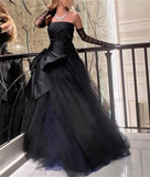Niulatu Strapless Puffy Tulle Prom Dress Black Evening Dress With Gloves HZ1007