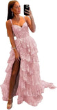 Niulatu Tiered Lace Tulle Prom Dresses Long 2025 Spaghetti Straps Formal Corset Evening Gown with HZ1007