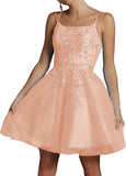 Niulatu Lace Beaded Tulle Homecoming Dresses Short Square Neck Prom Dress Spaghetti Straps Party HZ1007