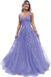 Niulatu Lace Glitter Tulle Prom Dress Long Ball Gown V Neck Formal Evening Dress Maxi Party HZ1007