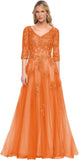 Niulatu Women's V-Neck 3/4 Sleeve Mother of The Bride Dress A-line Tulle Lace Appliques Long Formal Party Dress HZ1007