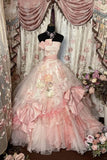 Niulatu Light Pink Ball Gown Strapless Floral Layered Organza Prom Dress 16th Birthday Dress HZ0113