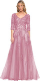 Niulatu Women's V-Neck 3/4 Sleeve Mother of The Bride Dress A-line Tulle Lace Appliques Long Formal Party Dress HZ1007