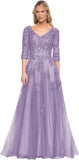 Niulatu Women's V-Neck 3/4 Sleeve Mother of The Bride Dress A-line Tulle Lace Appliques Long Formal Party Dress HZ1007