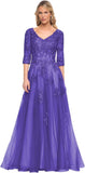 Niulatu Women's V-Neck 3/4 Sleeve Mother of The Bride Dress A-line Tulle Lace Appliques Long Formal Party Dress HZ1007