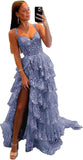 Niulatu Tiered Lace Tulle Prom Dresses Long 2025 Spaghetti Straps Formal Corset Evening Gown with HZ1007