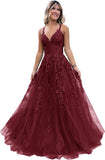 Niulatu Lace Glitter Tulle Prom Dress Long Ball Gown V Neck Formal Evening Dress Maxi Party HZ1007