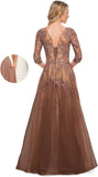 Niulatu Women's V-Neck 3/4 Sleeve Mother of The Bride Dress A-line Tulle Lace Appliques Long Formal Party Dress HZ1007