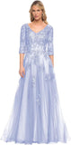 Niulatu Women's V-Neck 3/4 Sleeve Mother of The Bride Dress A-line Tulle Lace Appliques Long Formal Party Dress HZ1007