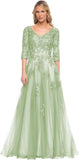 Niulatu Women's V-Neck 3/4 Sleeve Mother of The Bride Dress A-line Tulle Lace Appliques Long Formal Party Dress HZ1007