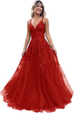 Niulatu Lace Glitter Tulle Prom Dress Long Ball Gown V Neck Formal Evening Dress Maxi Party HZ1007