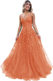 Niulatu Lace Glitter Tulle Prom Dress Long Ball Gown V Neck Formal Evening Dress Maxi Party HZ1007