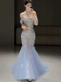 Niulatu Mermaid Off The Shoulder Blue Tulle Silver Beads Long Prom Dresses Formal Evening Dress SD1399