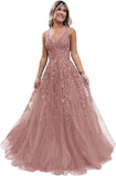 Niulatu Lace Glitter Tulle Prom Dress Long Ball Gown V Neck Formal Evening Dress Maxi Party HZ1007