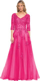 Niulatu Women's V-Neck 3/4 Sleeve Mother of The Bride Dress A-line Tulle Lace Appliques Long Formal Party Dress HZ1007