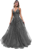 Niulatu Lace Glitter Tulle Prom Dress Long Ball Gown V Neck Formal Evening Dress Maxi Party HZ1007