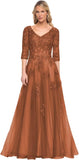 Niulatu Women's V-Neck 3/4 Sleeve Mother of The Bride Dress A-line Tulle Lace Appliques Long Formal Party Dress HZ1007