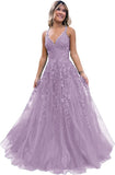 Niulatu Lace Glitter Tulle Prom Dress Long Ball Gown V Neck Formal Evening Dress Maxi Party HZ1007