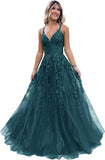 Niulatu Lace Glitter Tulle Prom Dress Long Ball Gown V Neck Formal Evening Dress Maxi Party HZ1007