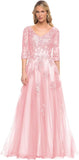 Niulatu Women's V-Neck 3/4 Sleeve Mother of The Bride Dress A-line Tulle Lace Appliques Long Formal Party Dress HZ1007