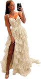 Niulatu Tiered Lace Tulle Prom Dresses Long 2025 Spaghetti Straps Formal Corset Evening Gown with HZ1007