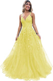Niulatu Lace Glitter Tulle Prom Dress Long Ball Gown V Neck Formal Evening Dress Maxi Party HZ1007