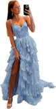 Niulatu Tiered Lace Tulle Prom Dresses Long 2025 Spaghetti Straps Formal Corset Evening Gown with HZ1007