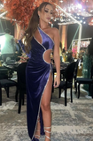 Niulatu Velvet Evening Dress Sexy Purple Mermaid High Leg Slit Sparkly Crystals Wedding Party Gowns HZ1007