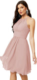 Niulatu Short Halter Top Chiffon Bridesmaid Dresses Tea Length A Line Formal Evening Party Cocktail Dress Dusty HZ1007