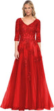 Niulatu Women's V-Neck 3/4 Sleeve Mother of The Bride Dress A-line Tulle Lace Appliques Long Formal Party Dress HZ1007