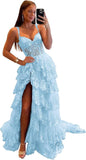 Niulatu Tiered Lace Tulle Prom Dresses Long 2025 Spaghetti Straps Formal Corset Evening Gown with HZ1007