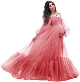 Niulatu Sleeve Maternity Dress Tulle Robe for Photoshoot Off Shoulder Pregnancy Baby Shower HZ1007