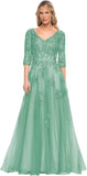 Niulatu Women's V-Neck 3/4 Sleeve Mother of The Bride Dress A-line Tulle Lace Appliques Long Formal Party Dress HZ1007