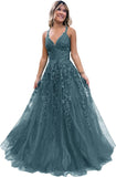 Niulatu Lace Glitter Tulle Prom Dress Long Ball Gown V Neck Formal Evening Dress Maxi Party HZ1007