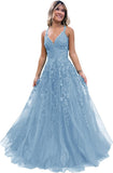 Niulatu Lace Glitter Tulle Prom Dress Long Ball Gown V Neck Formal Evening Dress Maxi Party HZ1007