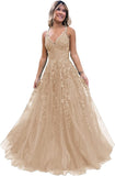 Niulatu Lace Glitter Tulle Prom Dress Long Ball Gown V Neck Formal Evening Dress Maxi Party HZ1007