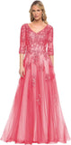 Niulatu Women's V-Neck 3/4 Sleeve Mother of The Bride Dress A-line Tulle Lace Appliques Long Formal Party Dress HZ1007