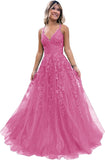 Niulatu Lace Glitter Tulle Prom Dress Long Ball Gown V Neck Formal Evening Dress Maxi Party HZ1007