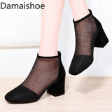 Niulatu Sandals for Women Summer New Chunky Heel Breathable Shoes Korean Style All-Matching Hollow Roman Mesh Boots Women DJSE