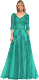Niulatu Women's V-Neck 3/4 Sleeve Mother of The Bride Dress A-line Tulle Lace Appliques Long Formal Party Dress HZ1007