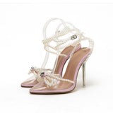 Niulatu Summer New Women's Sandals Sexy Pearl Bow Classic White Transparent PVC Stiletto Sandals High Heel Banquet Shoes DJSE