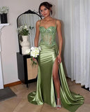Niulatu Mermaid Spaghetti Straps Sage Green Long Satin Prom Dresses Formal Evening Dress SD2416